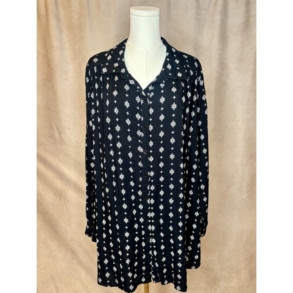 Chelsea Studio Rayon Button Front Tunic Top 1X Black White Boho Oversized